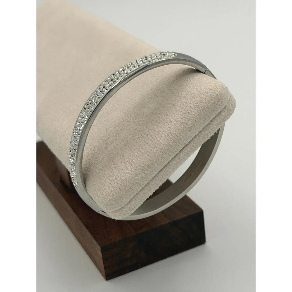 JCM Stainless Steel Hinged Bangle Bracelet Crystal Pave Silver Tone Old Money